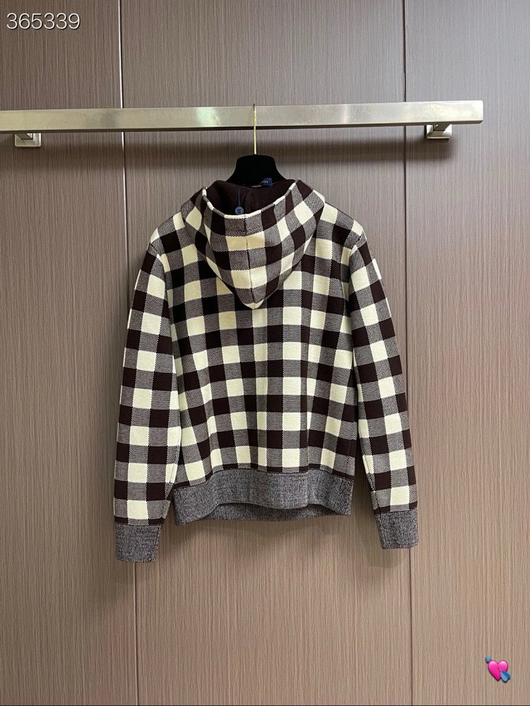 Louis Vuitton2026 New Men's Fashion Casual Letter Embroidery Color blocked Grid Knitted Hoodie卫衣 | L