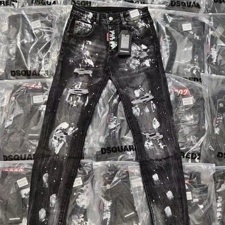  DSQUARED2  Knife cut ink ripped denim pants men's black light luxury straight l