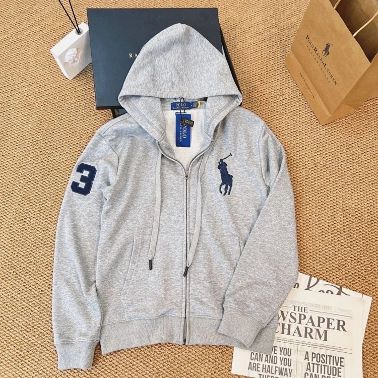POLORalph Lauren hooded cardigan zipper jacket unisex ponytail with fleece warm hoodie | Loongbuyma