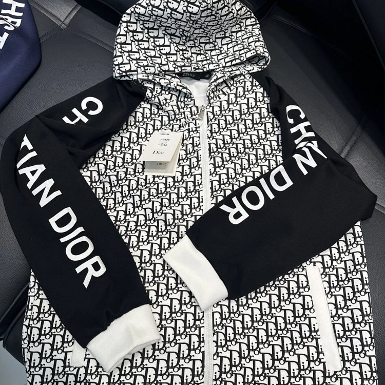 DIOR Light Luxury Full Print Spring and Autumn Coat unisex trendy brand cardigan hooded jacket | Loo