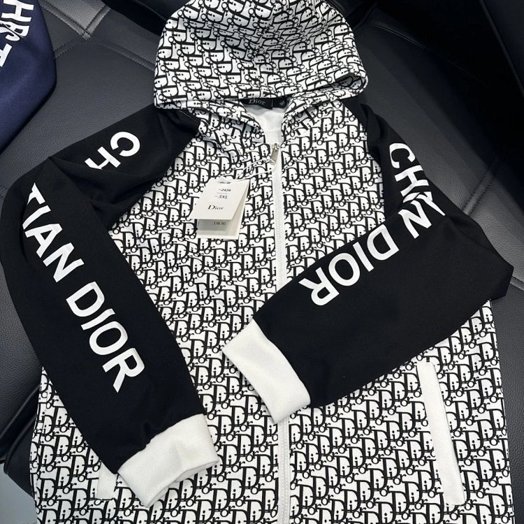 DIOR Light Luxury Full Print Spring and Autumn Coat unisex trendy brand cardigan hooded jacket | Loo
