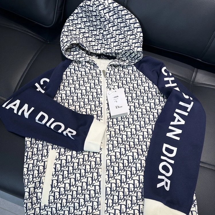 DIOR Light Luxury Full Print Spring and Autumn Coat unisex trendy brand cardigan hooded jacket | Loo