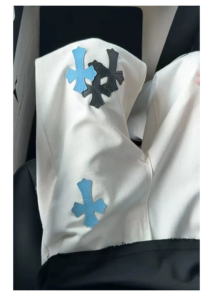 Chrome Hearts White Luxury Jeans Classic Leather Cross Men's and Women's Loose Straight Pants | Loon