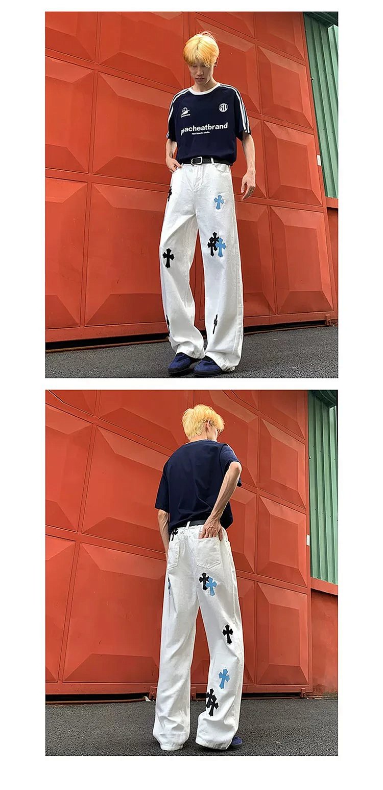 Chrome Hearts White Luxury Jeans Classic Leather Cross Men's and Women's Loose Straight Pants | Loon