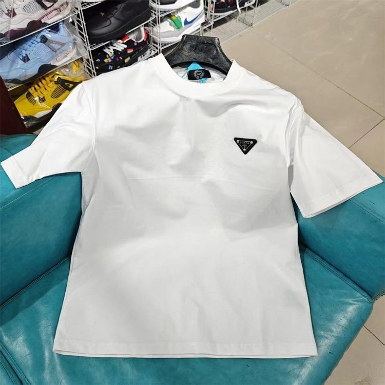 Prada Light Luxury Business Short Sleeve T-shirt Men's White Grey Half Sleeve Top | Loongbuymall