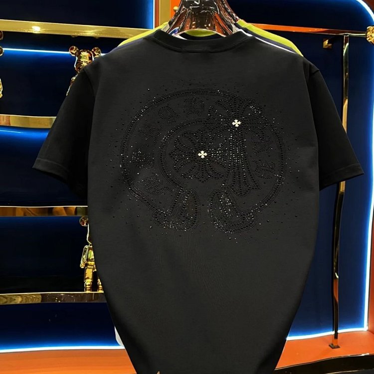 Chrome Heartst Hot Diamond Light Luxury Short Sleeve T-shirt Black Men's and Women's Same Style | Lo