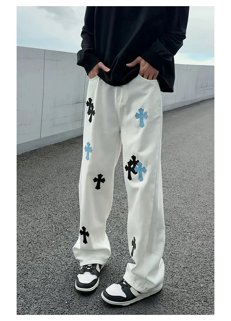 Chrome Hearts White Luxury Jeans Classic Leather Cross Men's and Women's Loose S