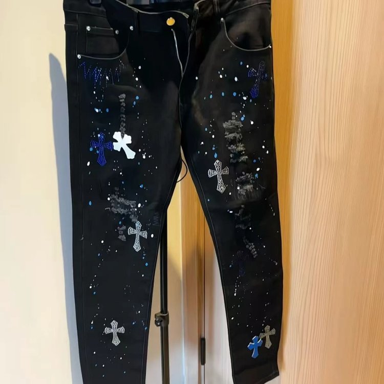 Chrome Hearts  High Street Black Cross Hot Drilled Punched Jeans | Loongbuymall