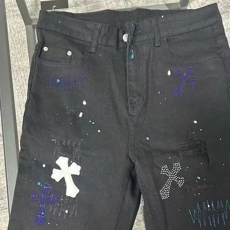 Chrome Hearts  High Street Black Cross Hot Drilled Punched Jeans | Loongbuymall