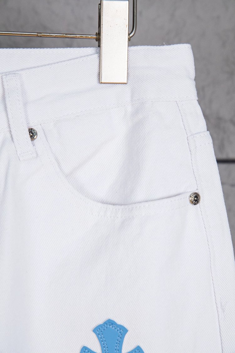 Chrome Hearts  Cross white blue label leather jeans pants | Loongbuymall