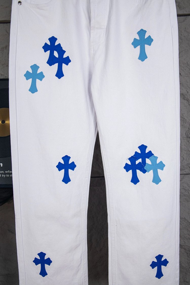 Chrome Hearts  Cross white blue label leather jeans pants | Loongbuymall