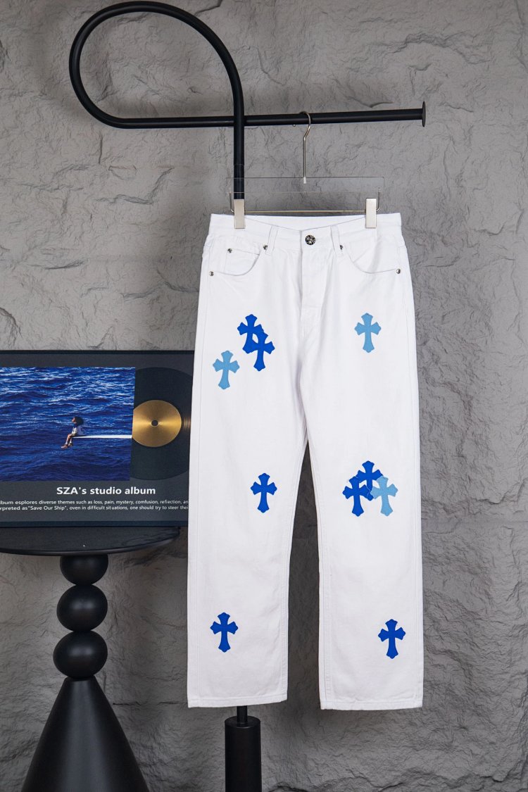 Chrome Hearts  Cross white blue label leather jeans pants | Loongbuymall