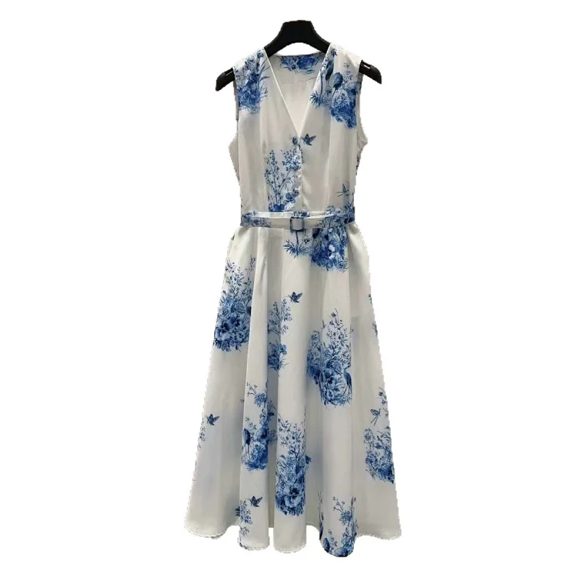 Seaside vacation blue and white printed long skirt | Loongbuymall