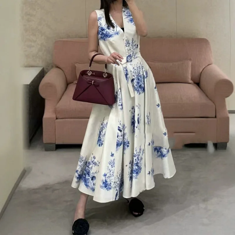 Seaside vacation blue and white printed long skirt | Loongbuymall