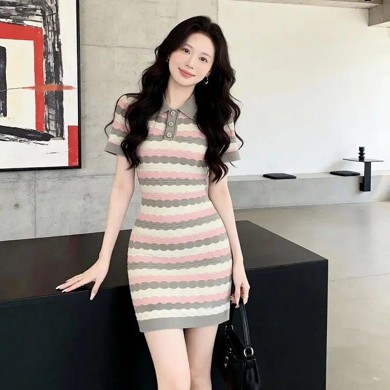 Summer new socialite small fragrant style striped French knitted dress | Loongbuymall