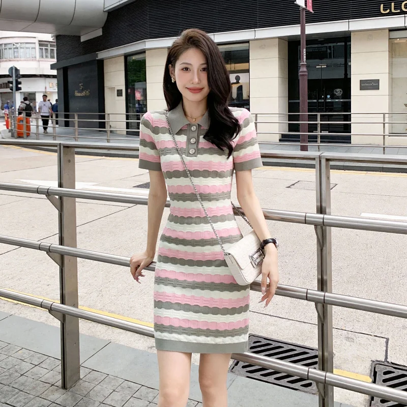 Summer new socialite small fragrant style striped French knitted dress | Loongbuymall