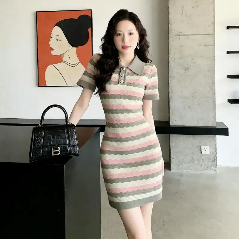Summer new socialite small fragrant style striped French knitted dress | Loongbuymall