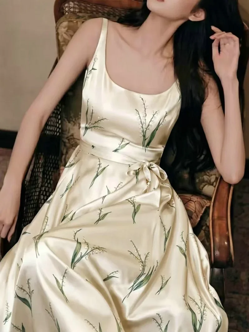 skirrt  Summer new product French retro lily of the valley print suspender skirt | Loongbuymall