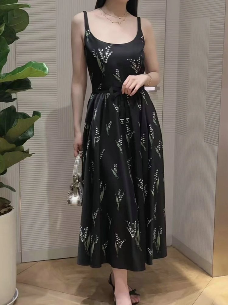 skirrt  Summer new product French retro lily of the valley print suspender skirt | Loongbuymall