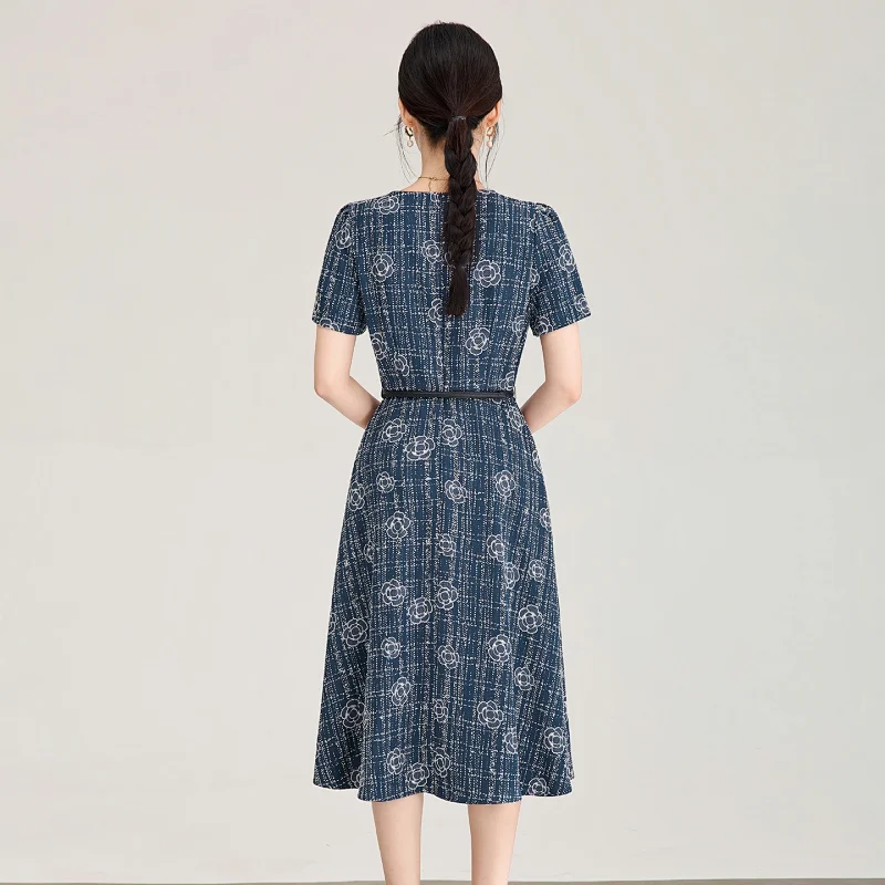 Summer New Product Light Luxury Camellia Jacquard Knitted Tencel Waist slimming Dress | Loongbuymall