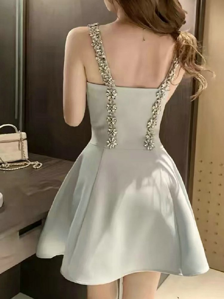 skiirt Summer new French heavy industry rhinestone suspender dress | Loongbuymall