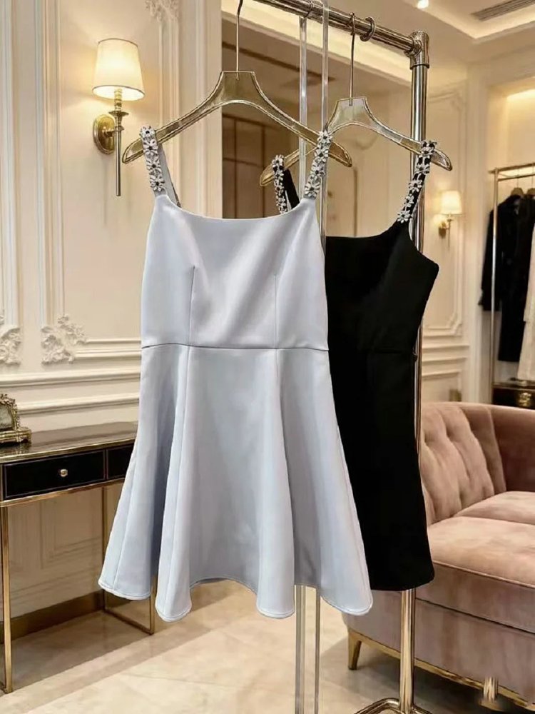 skiirt Summer new French heavy industry rhinestone suspender dress | Loongbuymall