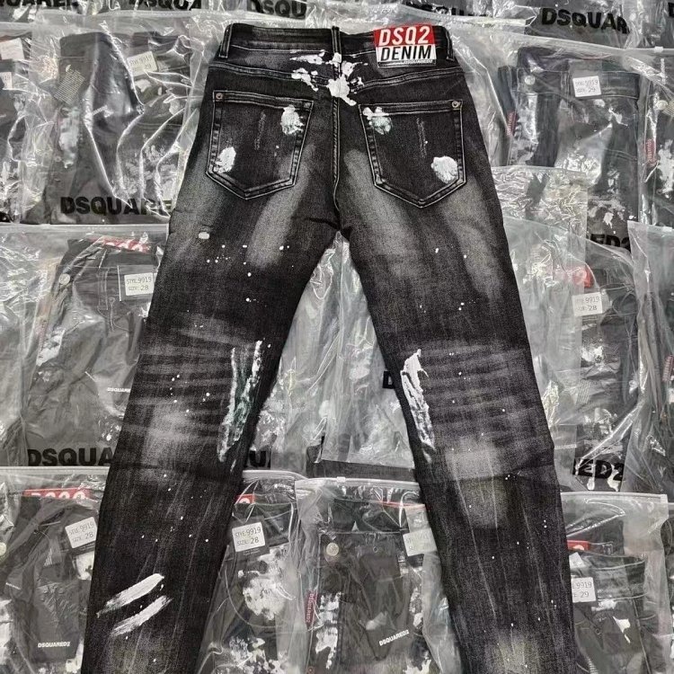 DSQUARED2 Knife Cut Ink Ripped Denim Pants Men's Black Light Luxury Straight Leg Slim Fit Pants