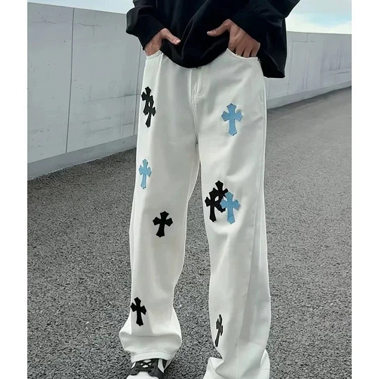 American street celebrity retro embroidered Crow heart white light luxury jeans classic leather cros