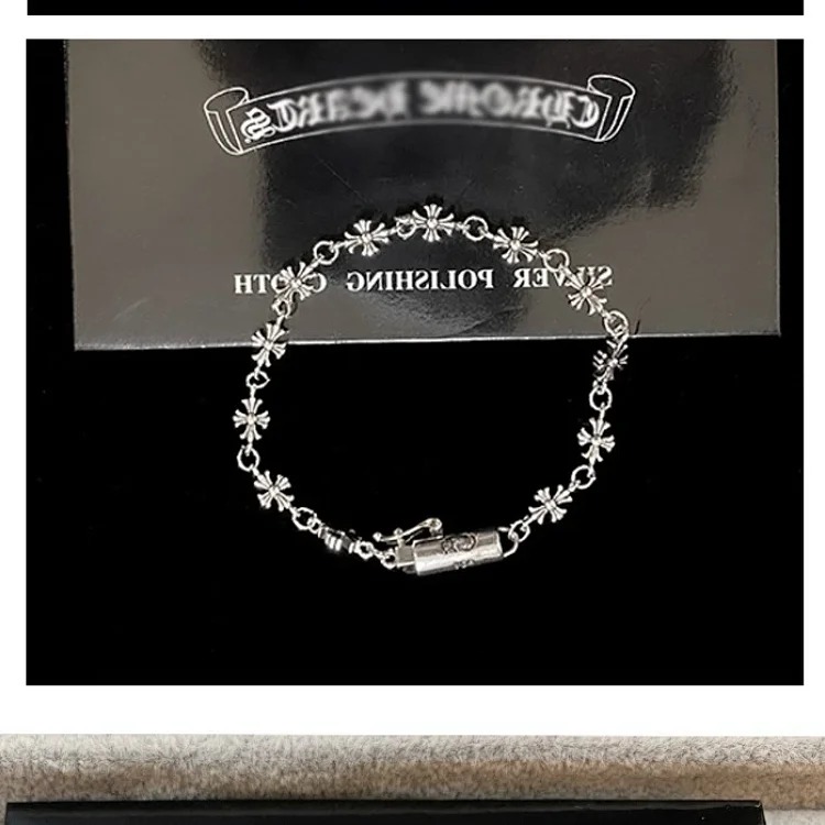 Crow Heart Cross Silver Bracelet Men's Crow Heart Cross Bracelet European and American Hip-Hop Exquisite Light Luxury Niche Retro Cross Flower Men's and Women's Personalized Bracelet