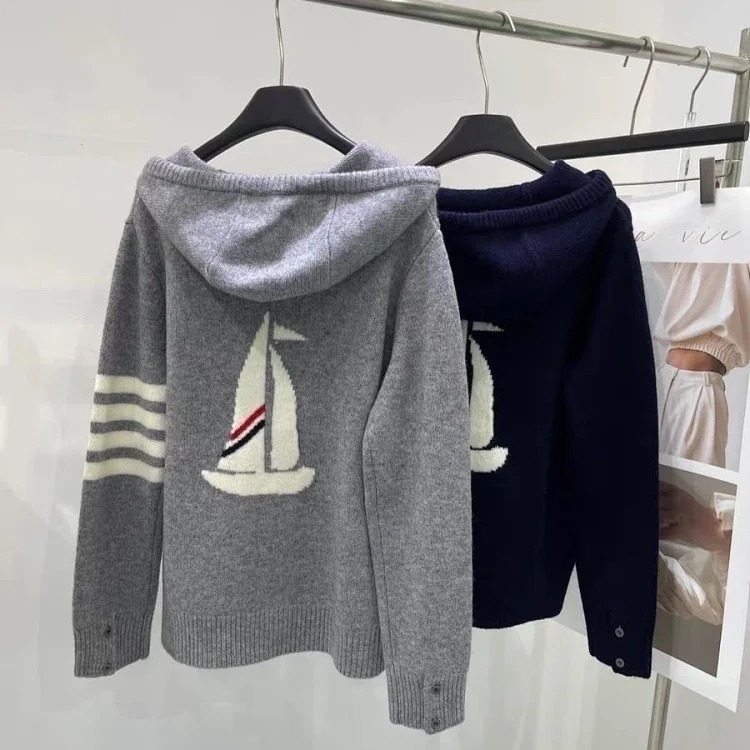 Sailing knitted cardigan sweater coat four stripes long sleeve top same style for men and women