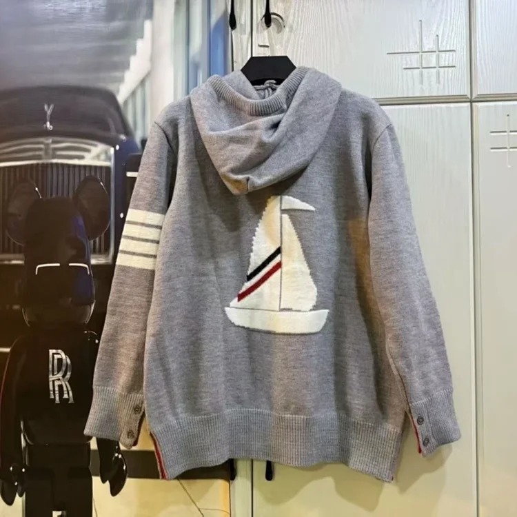 Sailing knitted cardigan sweater coat four stripes long sleeve top same style for men and women