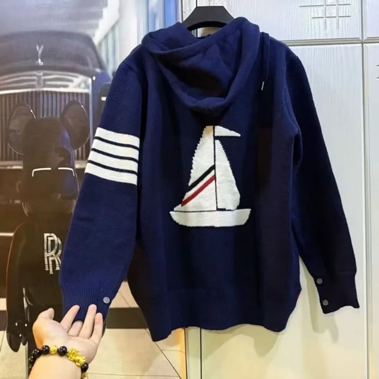 Sailing knitted cardigan sweater coat four stripes long sleeve top same style for men and women