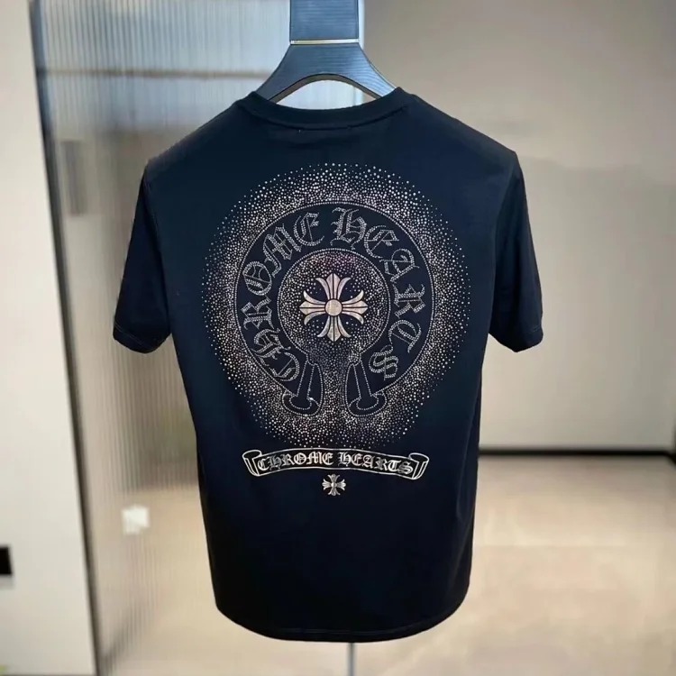 Crow Heart Hot Diamond Light Luxury Short Sleeve T-Shirt Black Men and Women Same Style CH Short Sle