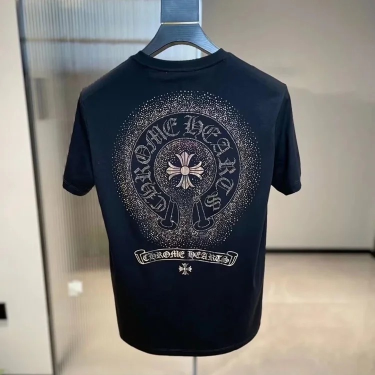 Crow Heart Hot Diamond Light Luxury Short Sleeve T-Shirt Black Men and Women Same Style CH Short Sleeve Light Luxury Half Sleeve Top