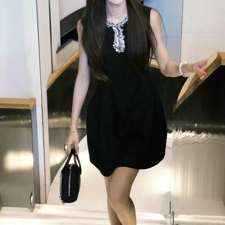 Solid Color Sleeveless Dress Women's Summer New Fashionable Lady Heavy Industry Neck Design Waist Sl