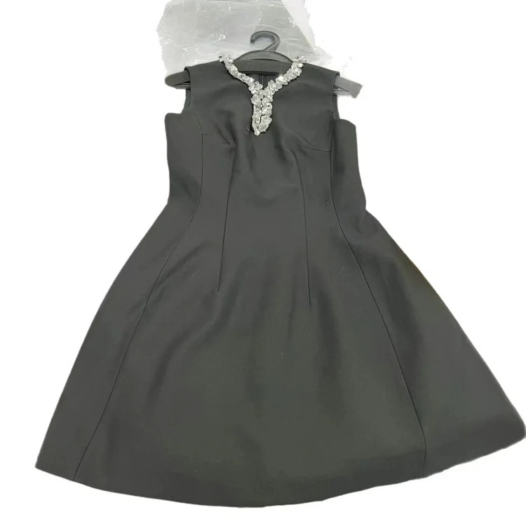 Solid Color Sleeveless Dress Women's Summer New Fashionable Lady Heavy Industry Neck Design Waist Slimming A-Line Skirt