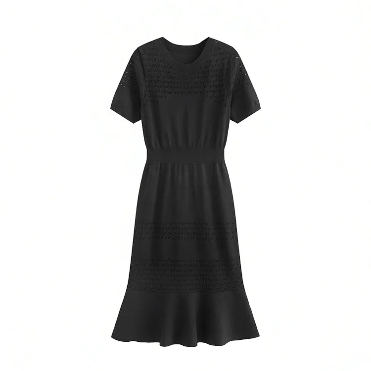 Summer new style socialite Xiaoxiangfeng ice silk dress women's summer temperament high-end hollow high-waisted thin short-sleeved knitted fishtail skirt