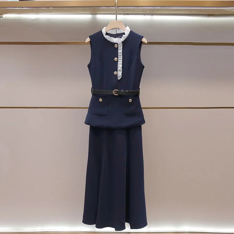 SP's new summer style French daughter-in-law style pleated stand-up collar vest fake two-piece long 