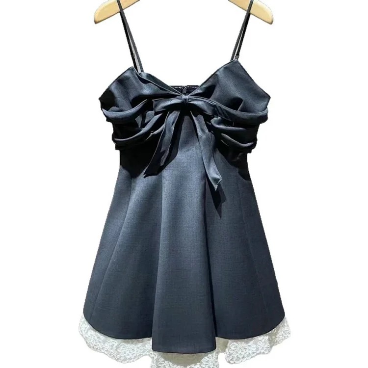 Summer new arrival princess dress French palace style sleeveless dress for women sweet and spicy lace mesh splicing bow suspender dress