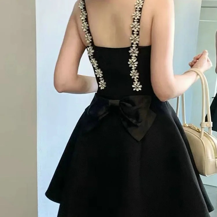 [OG] Global Shopping Private high-end customized summer new style French heavy industry rhinestone suspender dress women's summer high-end backless bow tie waist slimming lady dress dress