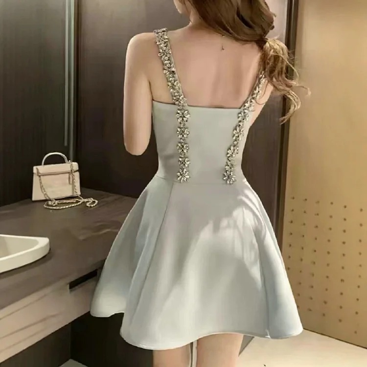 [OG] Global Shopping Private high-end customized summer new style French heavy industry rhinestone suspender dress women's summer high-end backless bow tie waist slimming lady dress dress