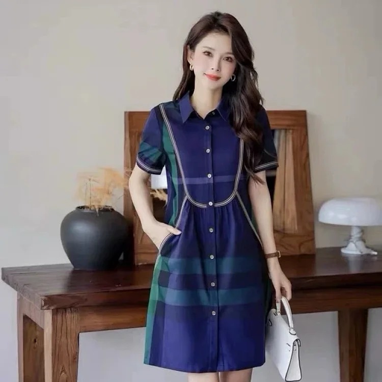 Burberry light luxury counter authentic summer new women's British style high-end plaid shirt short-sleeved slim dress trendy
