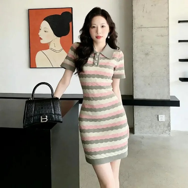 [OG] Global Shopping Private High-end Customized Summer New Model Little Fragrance Style Striped French Knitted Dress Niche Design Hip Skirt Slim Fit Skirt