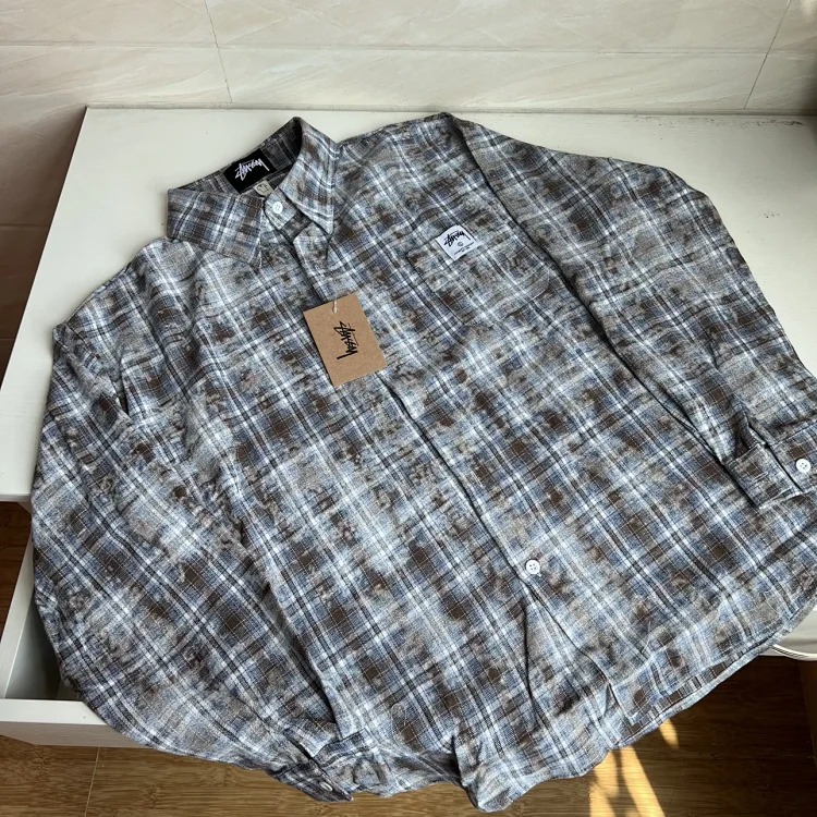 [Ready stock] stussy American retro embroidered long-sleeved shirt men's spring and autumn loose ins