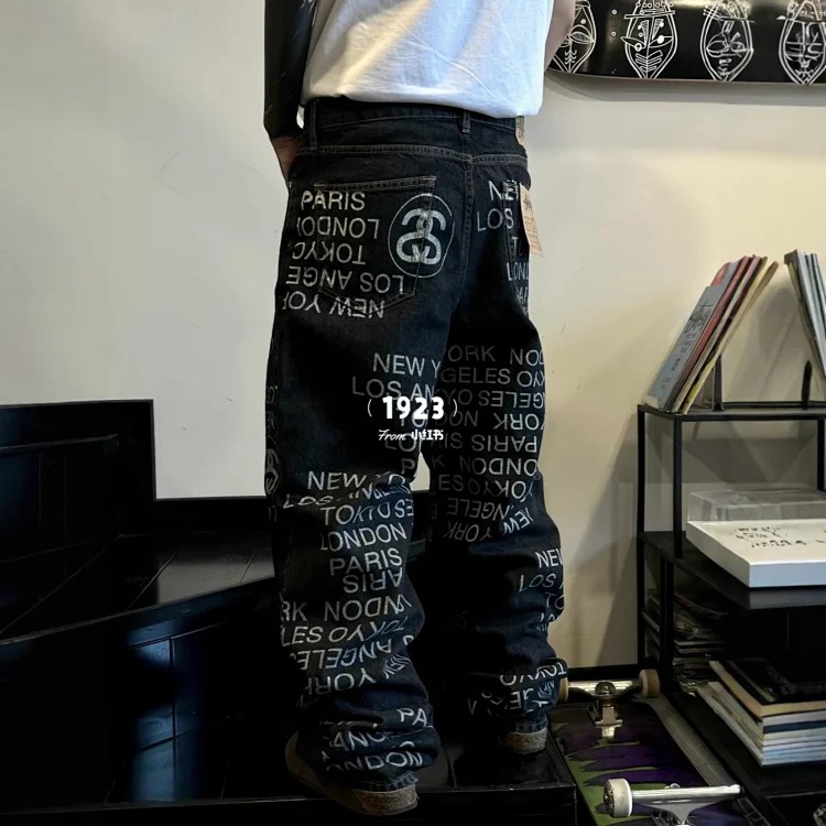 All-over barrage American street retro letter print denim jeans