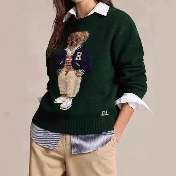 Xiaoma~Autumn and winter new R embroidered baseball uniform cartoon bear sweater loose lazy style ve