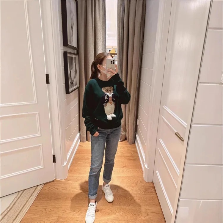 Xiaoma~Autumn and winter new R embroidered baseball uniform cartoon bear sweater loose lazy style versatile sweater