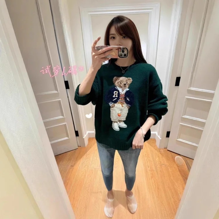 Xiaoma~Autumn and winter new R embroidered baseball uniform cartoon bear sweater loose lazy style versatile sweater