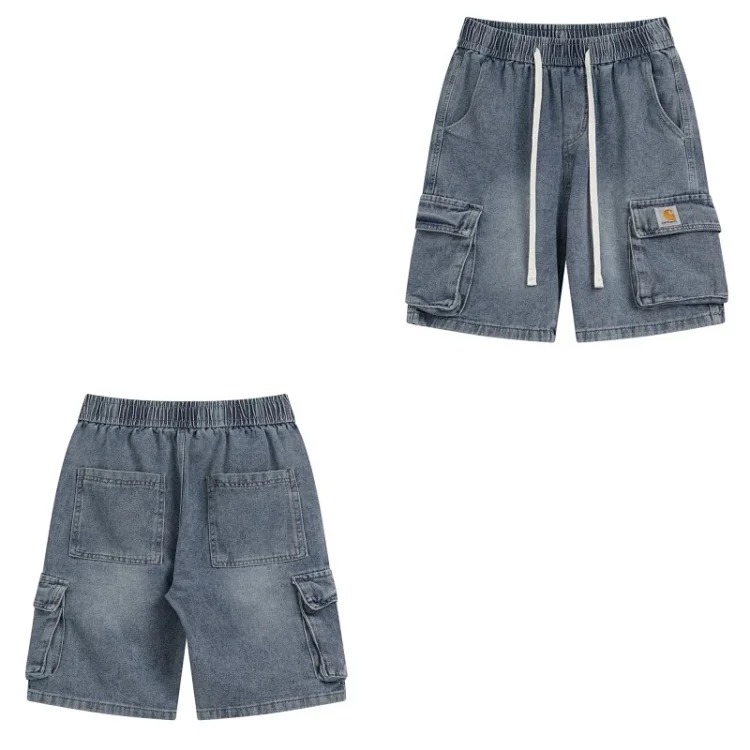 Classic multi-pocket washed cargo denim shorts
