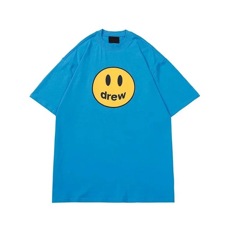 drewSmiley face printed short-sleeved Justin Bieber same style high street casual men and women couple loose T-shirt ins
